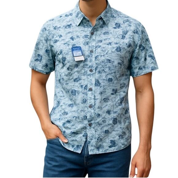 Columbia Blue White Tropical Beach Print Short Sleeve Shirt NEW M - Picture 1 of 3